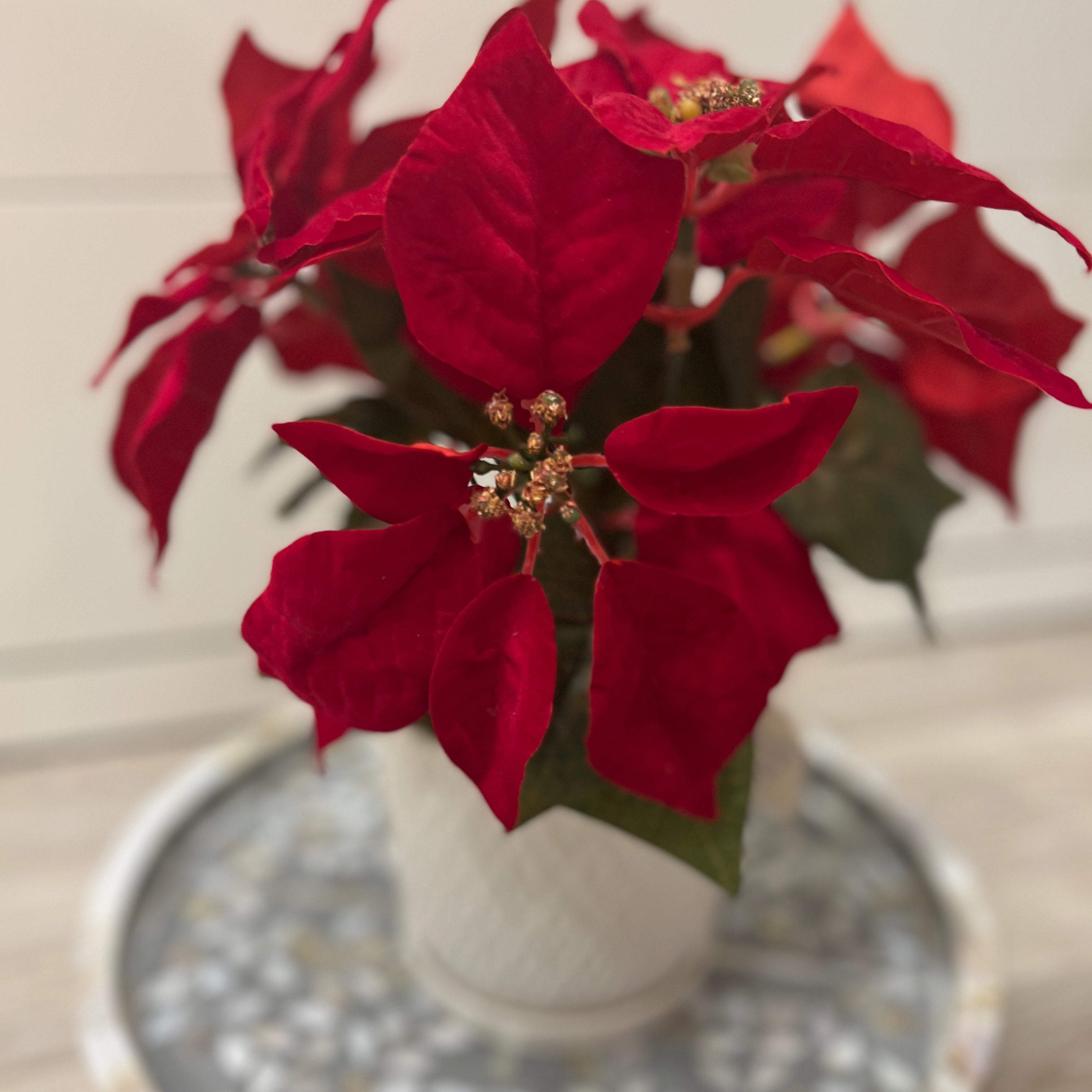 Faux poinsettia in ceramic pot