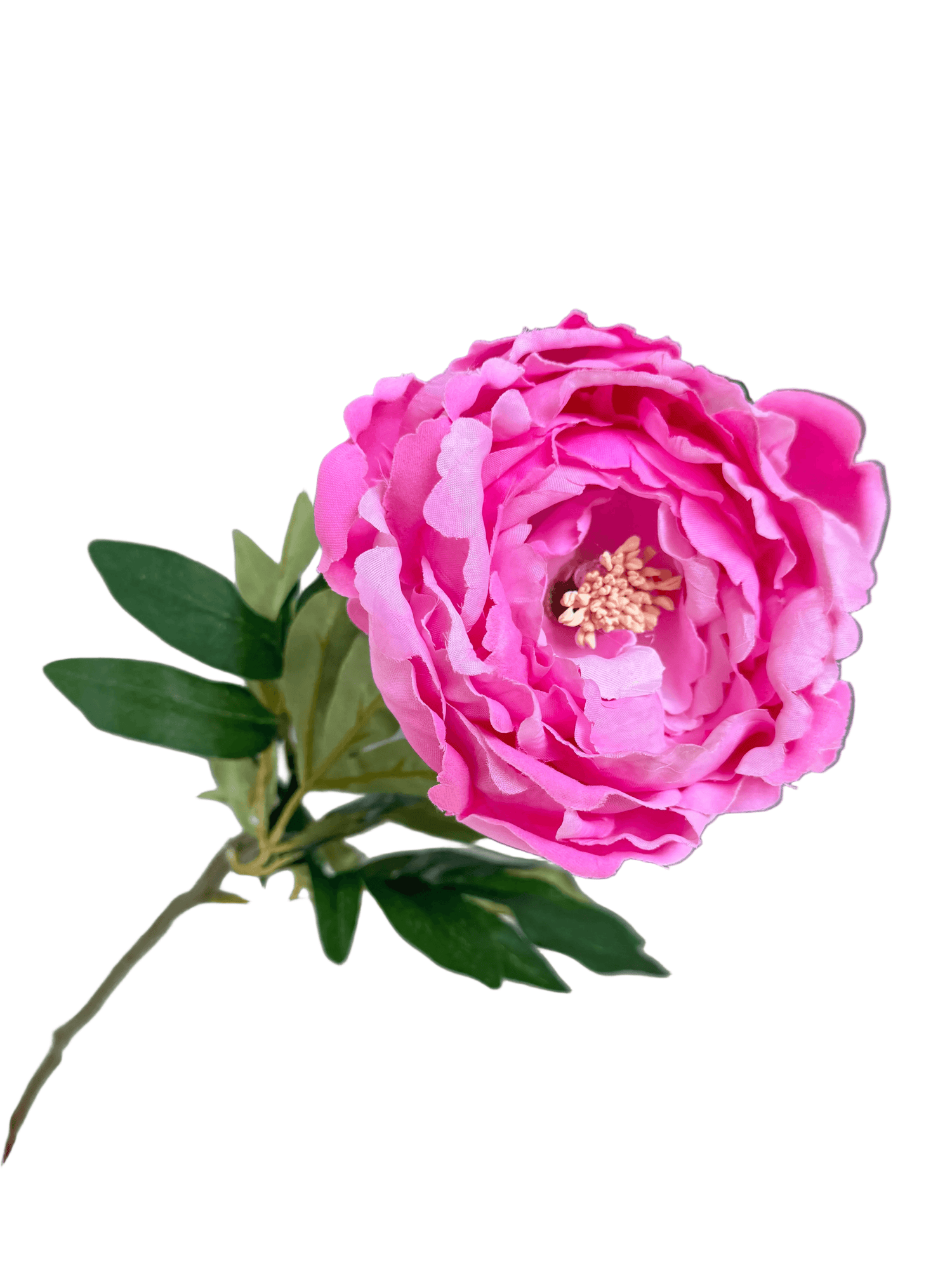 Pink artificial flower with green leaves 
