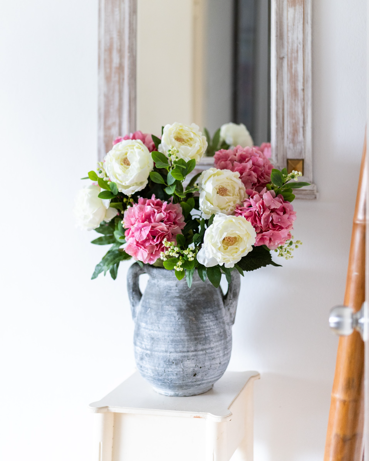 pink hydrangeas and white peonies
