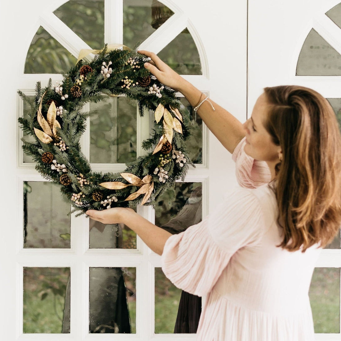 Large faux Christmas wreath - gold leaf and pine cones